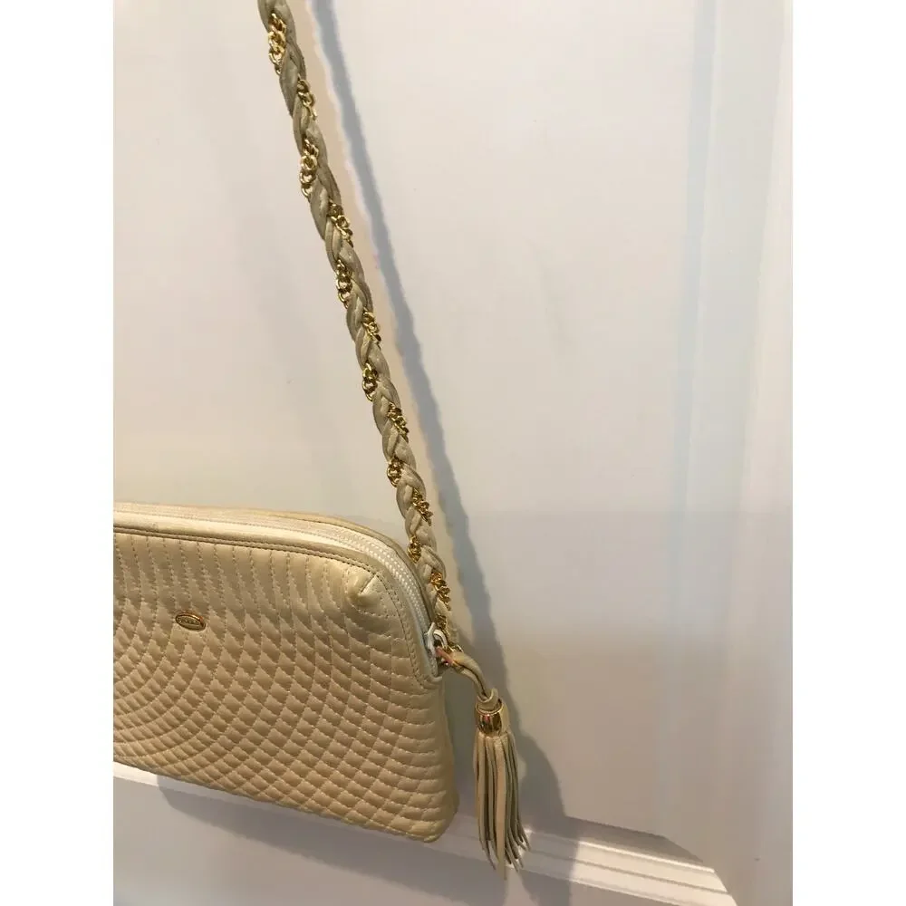 Bally Vintage Quilted Beige Leather Crossbody Bag Tassel Gold Chain Lux EUC